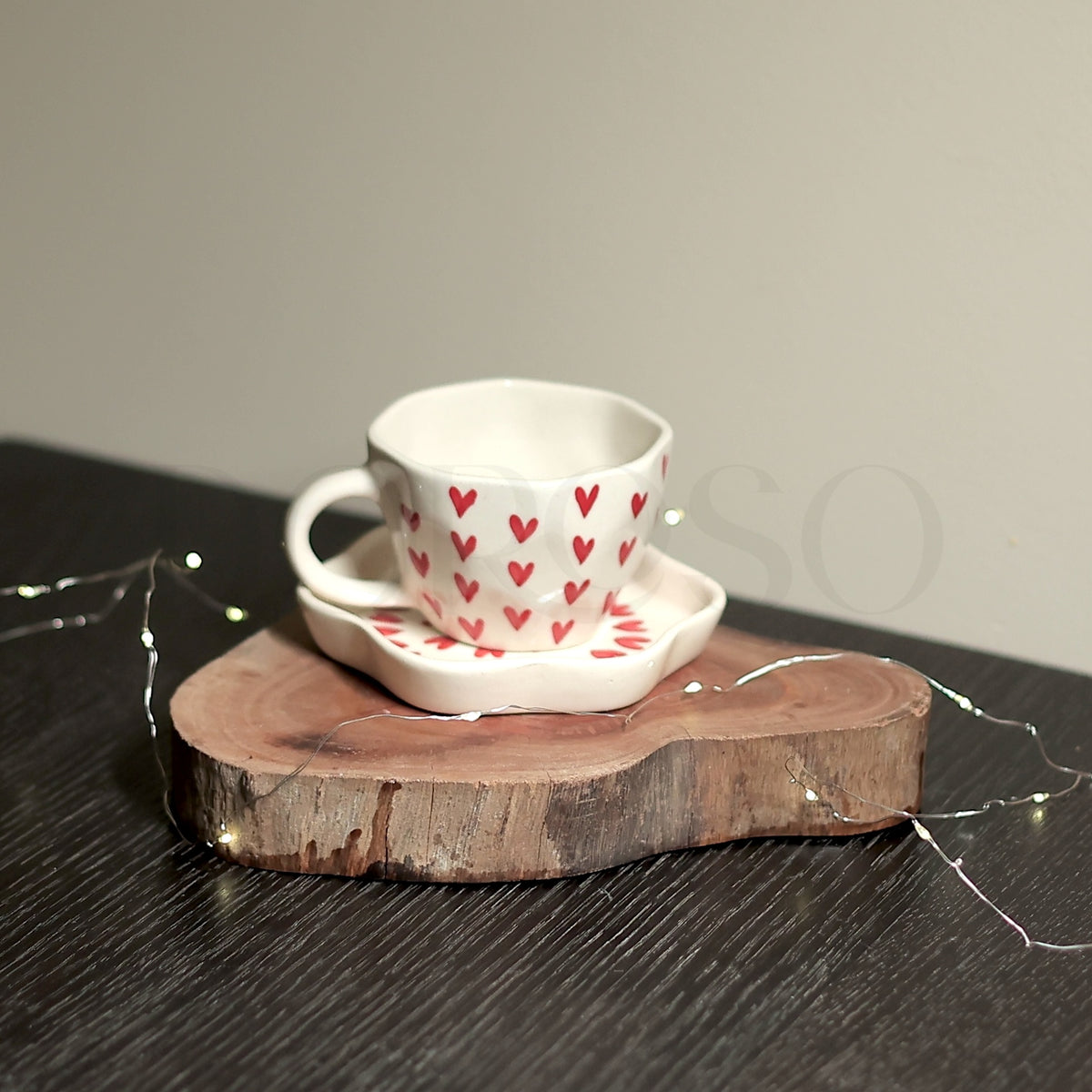 HEART PRINT HANDMADE CUPS AND SAUCER - SET OF 6