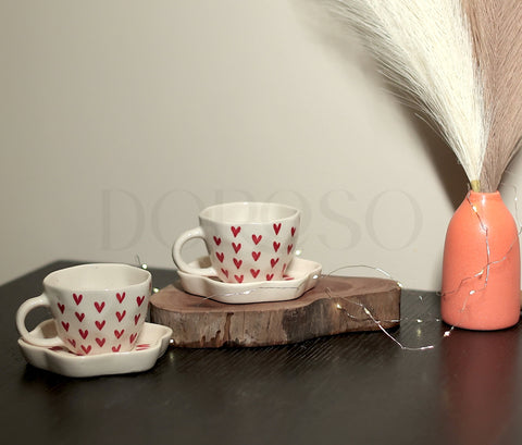 HEART PRINT HANDMADE CUPS AND SAUCER - SET OF 6