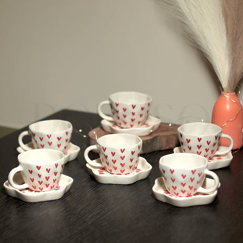 HEART PRINT HANDMADE CUPS AND SAUCER - SET OF 6