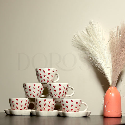 HEART PRINT HANDMADE CUPS AND SAUCER - SET OF 6