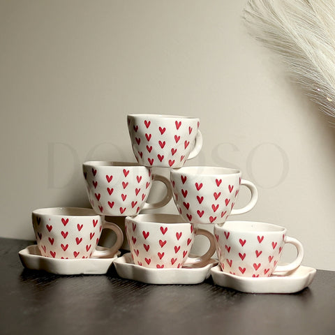 HEART PRINT HANDMADE CUPS AND SAUCER - SET OF 6