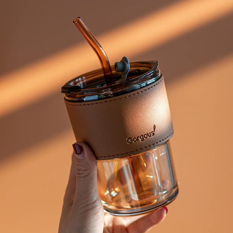 TAN COFFEE SIPPER WITH STRAW