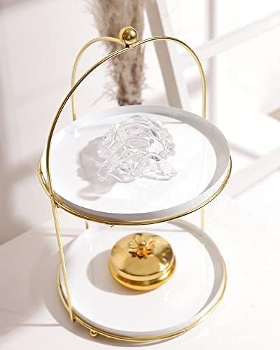 ROUND SHAPE WHITE AND GOLD METAL 2 TIER CAKE STAND - PACK OF 1