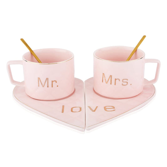 "MR AND MRS" CUP WITH HEART SHAPE SAUCER 250ML - PACK OF 2