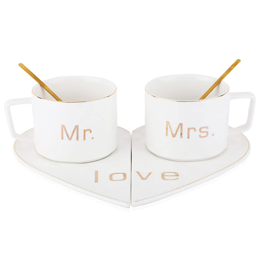 "MR AND MRS" CUP WITH HEART SHAPE SAUCER 250ML - PACK OF 2