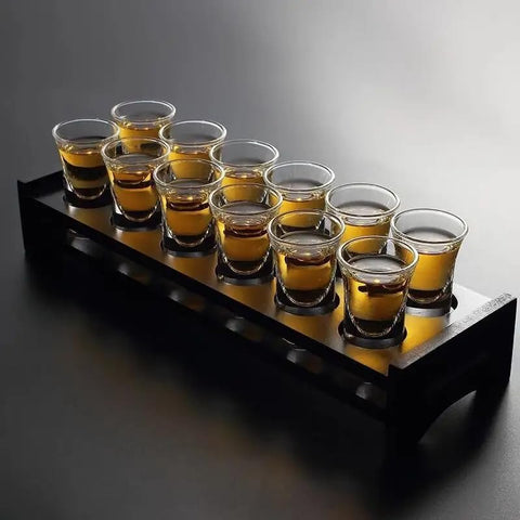 HEAVY BASE CRYSTAL CLEAR SHOT GLASS SET WITH WOODEN TRAY - PACK OF 12