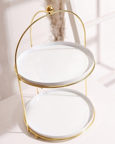 ROUND SHAPE WHITE AND GOLD METAL 2 TIER CAKE STAND - PACK OF 1