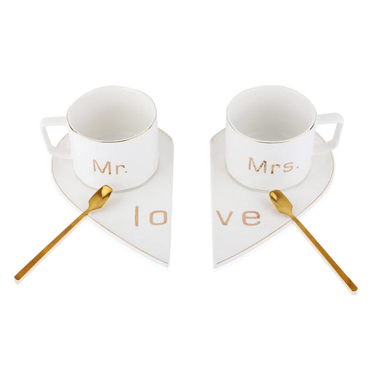 "MR AND MRS" CUP WITH HEART SHAPE SAUCER 250ML - PACK OF 2