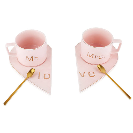 "MR AND MRS" CUP WITH HEART SHAPE SAUCER 250ML - PACK OF 2