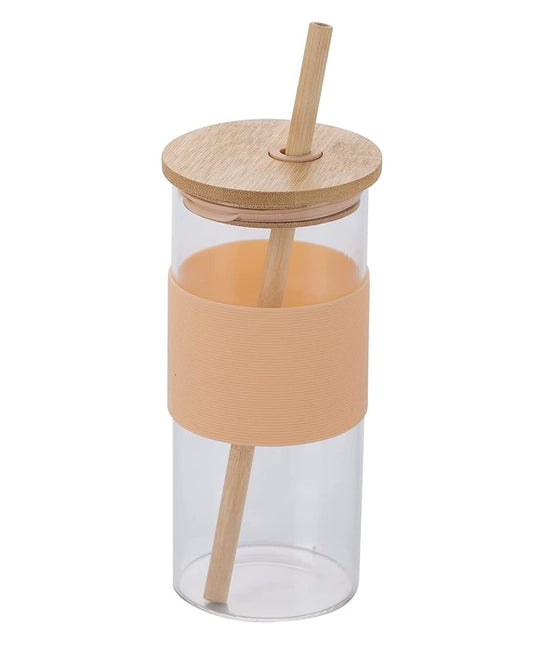 GLASS TUMBLER WITH BAMBOO LID AND STRAW 400ML - PACK OF 1