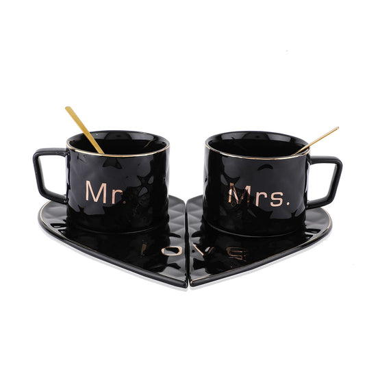 "MR AND MRS" CUP WITH HEART SHAPE SAUCER 250ML - PACK OF 2