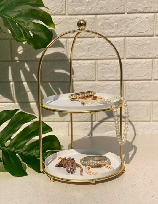 ROUND SHAPE WHITE AND GOLD METAL 2 TIER CAKE STAND - PACK OF 1