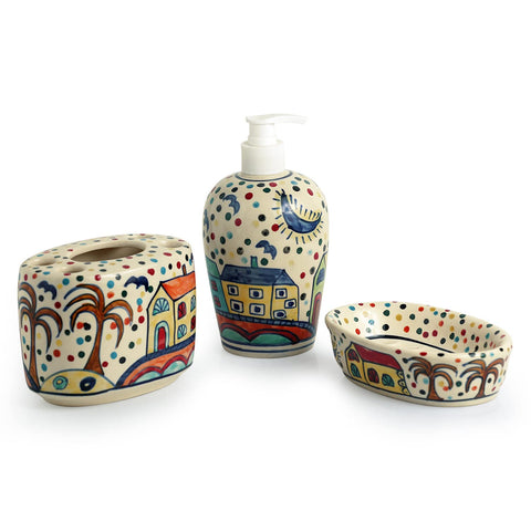 HAND-PAINTED CERAMIC BATHROOM ACCESSORY SET - PACK OF 3