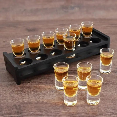 HEAVY BASE CRYSTAL CLEAR SHOT GLASS SET WITH WOODEN TRAY - PACK OF 12