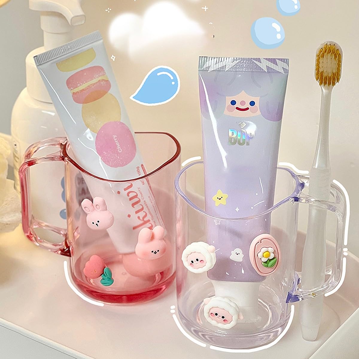 TOOTHBRUSH HOLDERS FOR BATHROOM CUPS WITH 3D CUTE STICKERS PLASTIC STAND FOR TOOTHPASTE - PACK OF 1