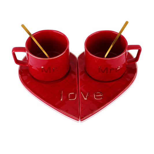 "MR AND MRS" CUP WITH HEART SHAPE SAUCER 250ML - PACK OF 2