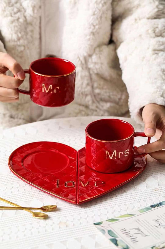 "MR AND MRS" CUP WITH HEART SHAPE SAUCER 250ML - PACK OF 2