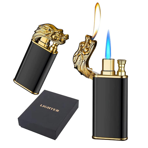 DRAGON MAGIC DOUBLE FLAME CIGARETTE WIND-PROOF STEEL GAS LIGHTER - PACK OF 1