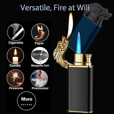 DRAGON MAGIC DOUBLE FLAME CIGARETTE WIND-PROOF STEEL GAS LIGHTER - PACK OF 1