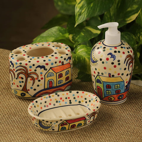 HAND-PAINTED CERAMIC BATHROOM ACCESSORY SET - PACK OF 3