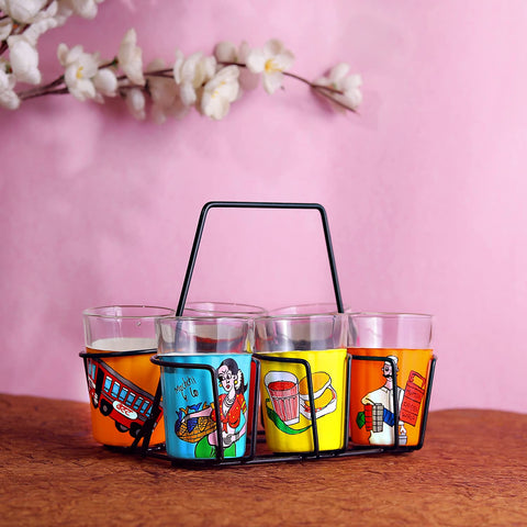 HAND PAINTED TAPRI TEA GLASSES WITH IRON STAND HOLDER 90ML - PACK OF 6