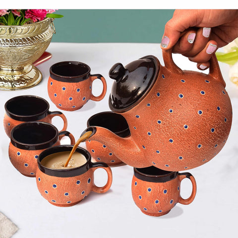 CLASSY POLKA DOT HAND PAINTED 6 TEA CUPS AND KETTLE