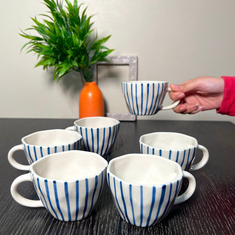 BLUE STRIP HANDMADE CUPS - SET OF 6