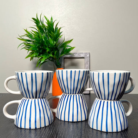 BLUE STRIP HANDMADE CUPS - SET OF 6