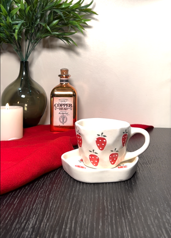 STRAWBERRY PRINT HANDMADE CUPS AND SAUCER - SET OF 6