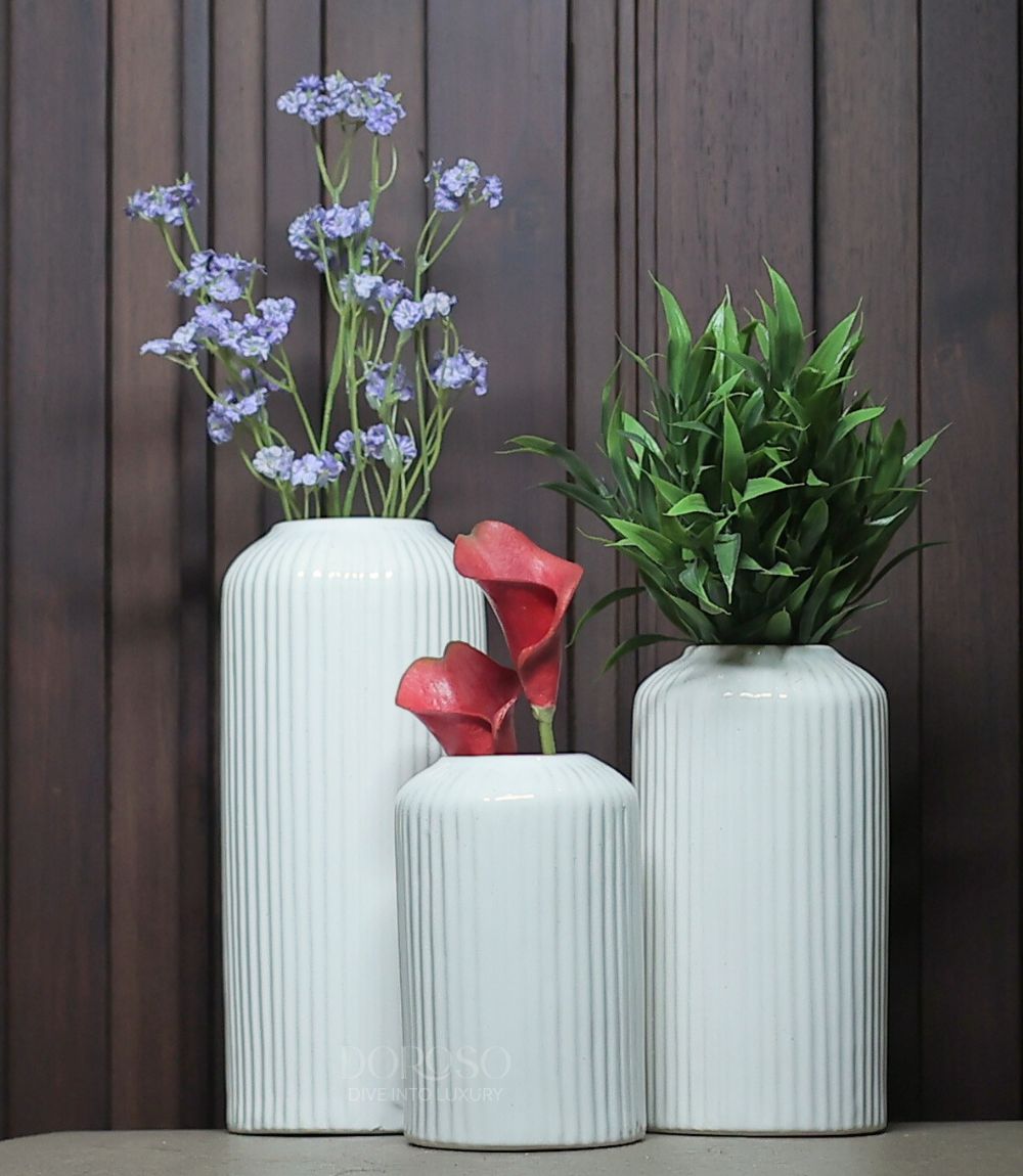 RIBBED CERAMIC VASE GLOSS FINISH - PACK OF 3